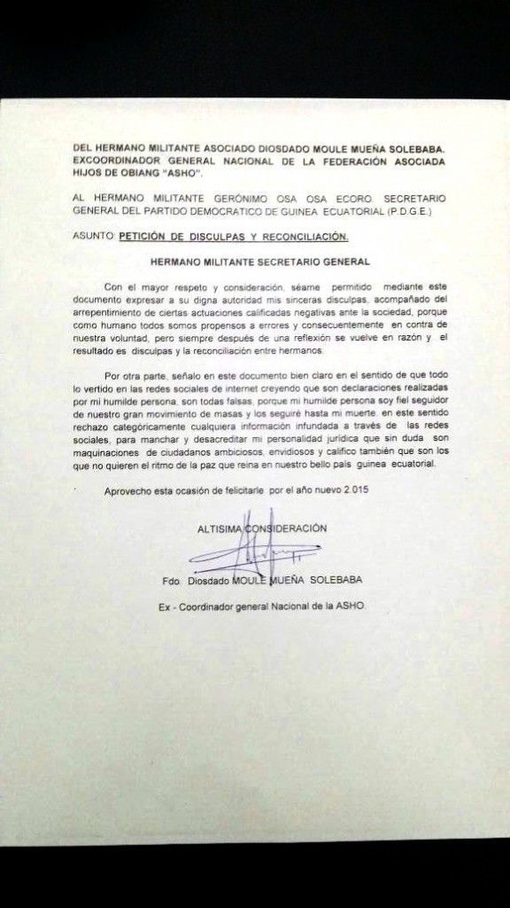 Diosdado Moule Mueña pide disculpas