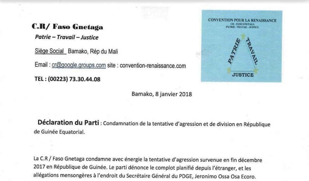 Declaración de apoyo del partido maliense Convention pour la Renaissance