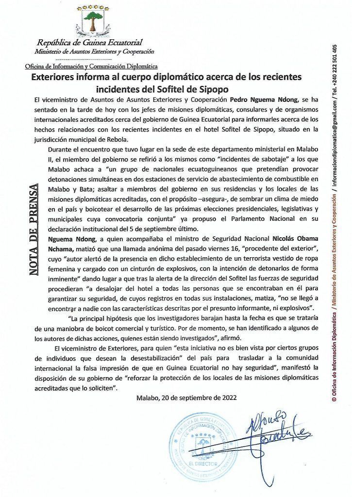 Exteriores informa al Cuerpo Diplomático acerca de los recientes incidentes del Sofitel de Sipopo