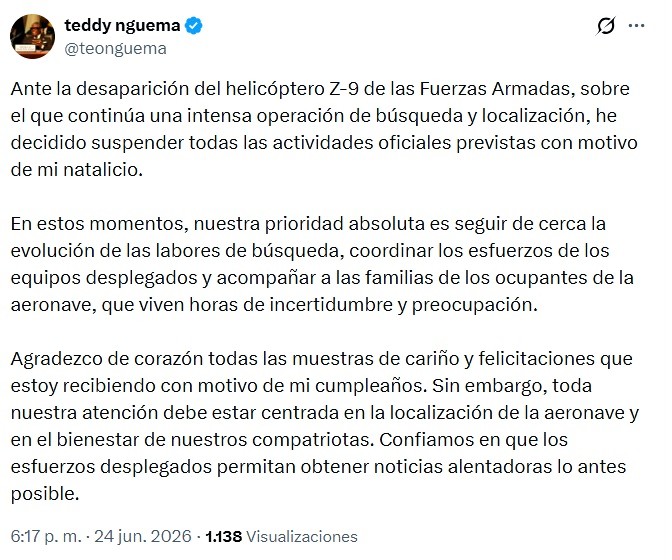 El Vicepresidente anuncia la suspensión de las celebraciones de su natalicio ante la continuidad de la búsqueda del helicóptero Z-9